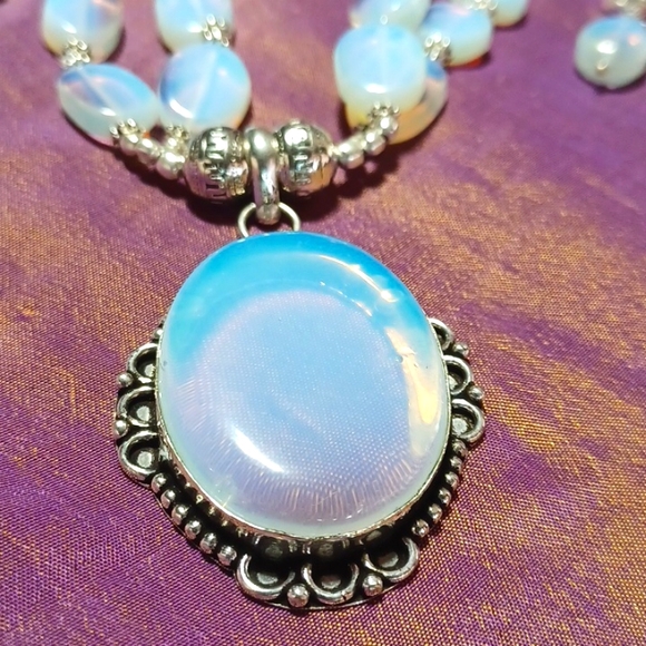 Opalite necklace earrings set handmade silver beaded  rainbow pendant glass gem - Picture 4 of 10